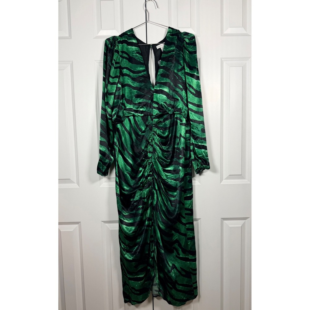 NWT Topshop Green Black Zebra Print Ruched V-Neck Midi Dress Long Sleeve sz12 - Picture 3 of 13